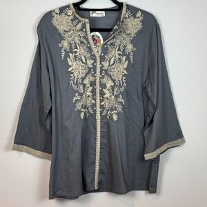 Magazine 100% Cotton Grey 3/4 Sleeve Embroidered Boho Peasant Top Womens 3X NWT